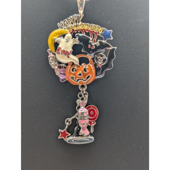 Happy Halloween Pumpkin Boo Ghost Bat Vampire Enamel Silver Tone 17" Necklace - Picture 1 of 4